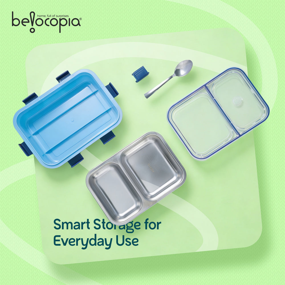 Nibbles Stainless Steel Lunch Box 525ml | Blue | SUS 304 Food Grade Steel | Leakproof, 2 Compartment Tiffin Box with Spoon | Durable Lunchbox for Office, School & Travel