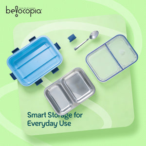 Nibbles Stainless Steel Lunch Box 525ml | Blue | SUS 304 Food Grade Steel | Leakproof, 2 Compartment Tiffin Box with Spoon | Durable Lunchbox for Office, School & Travel