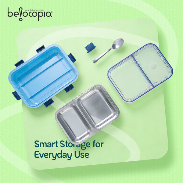 Nibbles Stainless Steel Lunch Box 525ml | Blue | SUS 304 Food Grade Steel | Leakproof, 2 Compartment Tiffin Box with Spoon | Durable Lunchbox for Office, School & Travel