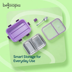 Nibbles Stainless Steel Lunch Box 525ml | Purple | SUS 304 Food Grade Steel | Leakproof, 2 Compartment Tiffin Box with Spoon | Durable Lunchbox for Office, School & Travel