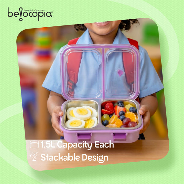 Nibbles Stainless Steel Lunch Box 525ml | Purple | SUS 304 Food Grade Steel | Leakproof, 2 Compartment Tiffin Box with Spoon | Durable Lunchbox for Office, School & Travel