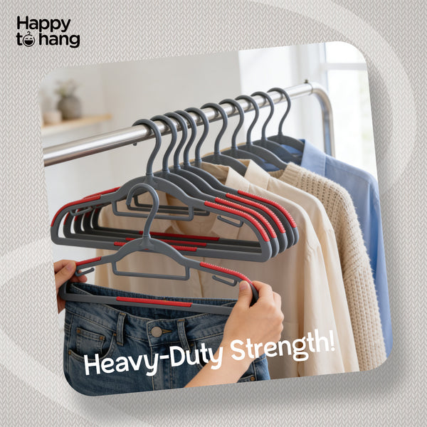Happy To Hang Rotogrip Plastic Hangers | Pack of 16 | Non-Slip | Space Saving Wardrobe Hangers with Grip Coating | Durable Plastic Hanger for Shirt, T-Shirt, Top, Sweater (Grey)