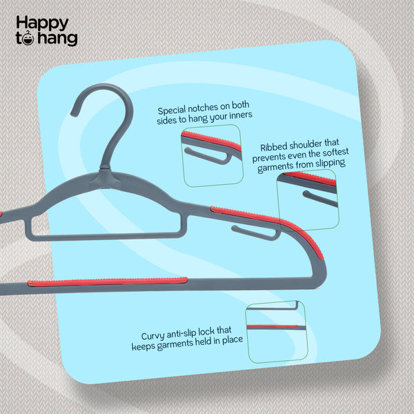Happy To Hang Rotogrip Plastic Hangers | Pack of 16 | Non-Slip | Space Saving Wardrobe Hangers with Grip Coating | Durable Plastic Hanger for Shirt, T-Shirt, Top, Sweater (Grey)