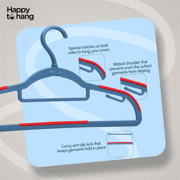 Happy To Hang Rotogrip Plastic Hangers | Pack of 16 | Non-Slip | Space Saving Wardrobe Hangers with Grip Coating | Durable Plastic Hanger for Shirt, T-Shirt, Top, Sweater (Dusky Blue))