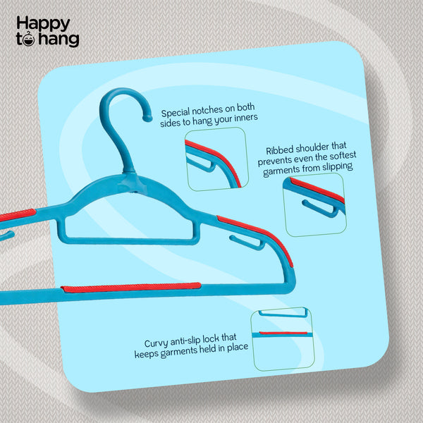 Happy To Hang Rotogrip Plastic Hangers | Pack of 16 | Non-Slip | Space Saving Wardrobe Hangers with Grip Coating | Durable Plastic Hanger for Shirt, T-Shirt, Top, Sweater (Blue)