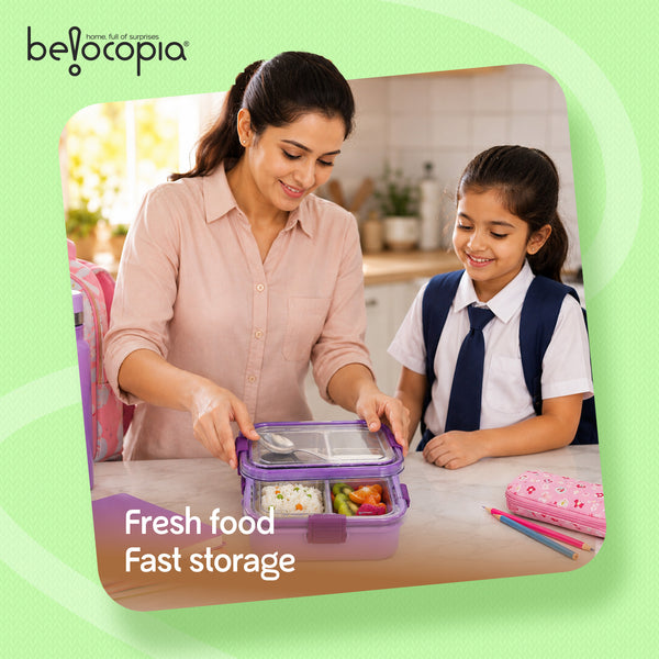 Nibbles Stainless Steel Lunch Box 525ml | Blue | SUS 304 Food Grade Steel | Leakproof, 2 Compartment Tiffin Box with Spoon | Durable Lunchbox for Office, School & Travel