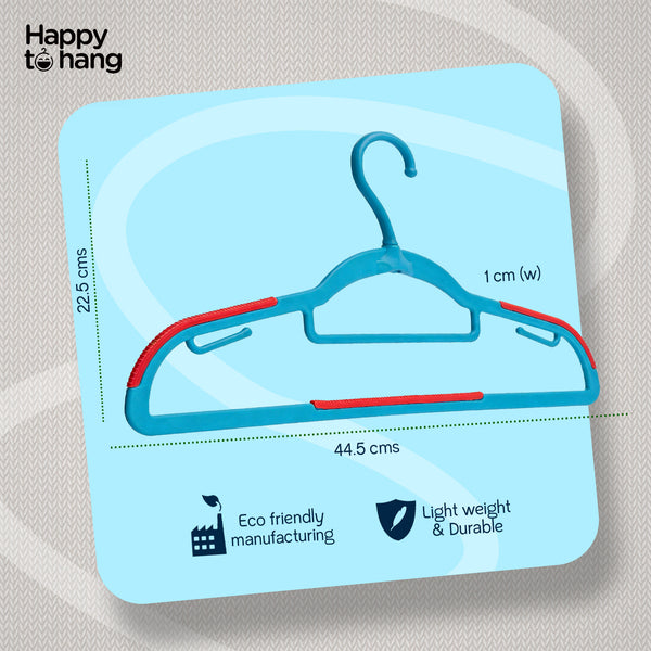 Happy To Hang Rotogrip Plastic Hangers | Pack of 16 | Non-Slip | Space Saving Wardrobe Hangers with Grip Coating | Durable Plastic Hanger for Shirt, T-Shirt, Top, Sweater (Blue)