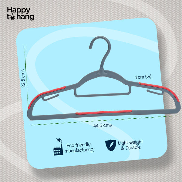 Happy To Hang Rotogrip Plastic Hangers | Pack of 16 | Non-Slip | Space Saving Wardrobe Hangers with Grip Coating | Durable Plastic Hanger for Shirt, T-Shirt, Top, Sweater (Grey)