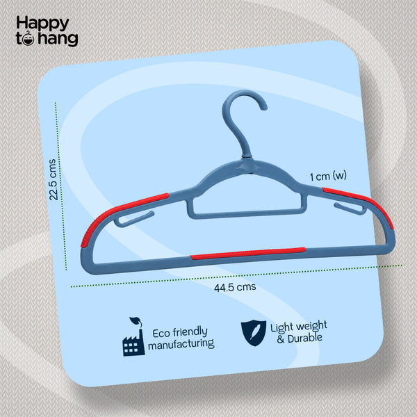 Happy To Hang Rotogrip Plastic Hangers | Pack of 16 | Non-Slip | Space Saving Wardrobe Hangers with Grip Coating | Durable Plastic Hanger for Shirt, T-Shirt, Top, Sweater (Dusky Blue))