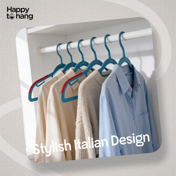 Happy To Hang Rotogrip Plastic Hangers | Pack of 16 | Non-Slip | Space Saving Wardrobe Hangers with Grip Coating | Durable Plastic Hanger for Shirt, T-Shirt, Top, Sweater (Blue)