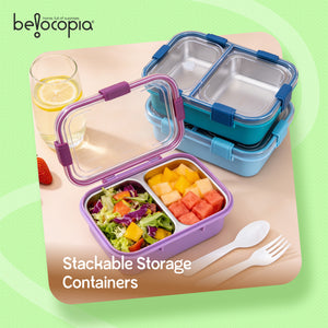 Nibbles Stainless Steel Lunch Box 525ml | Purple | SUS 304 Food Grade Steel | Leakproof, 2 Compartment Tiffin Box with Spoon | Durable Lunchbox for Office, School & Travel