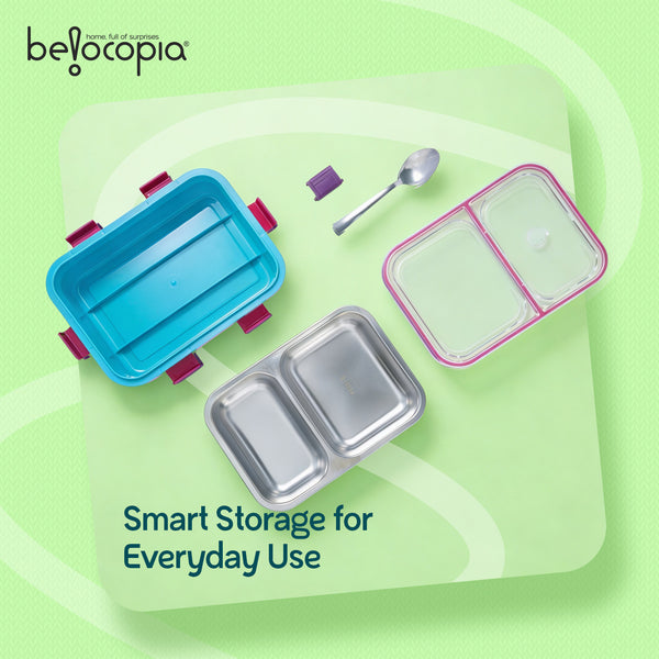 Nibbles Stainless Steel Lunch Box 525ml | Teal | SUS 304 Food Grade Steel | Leakproof, 2 Compartment Tiffin Box with Spoon | Durable Lunchbox for Office, School & Travel