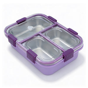 Gobblez Stainless Steel Lunch Box 525ml | Purple | SUS 304 Food Grade Steel | 3 Compartment Leakproof Tiffin Box with Spoon | Airtight Lunchbox for Office, School & Meal Prep