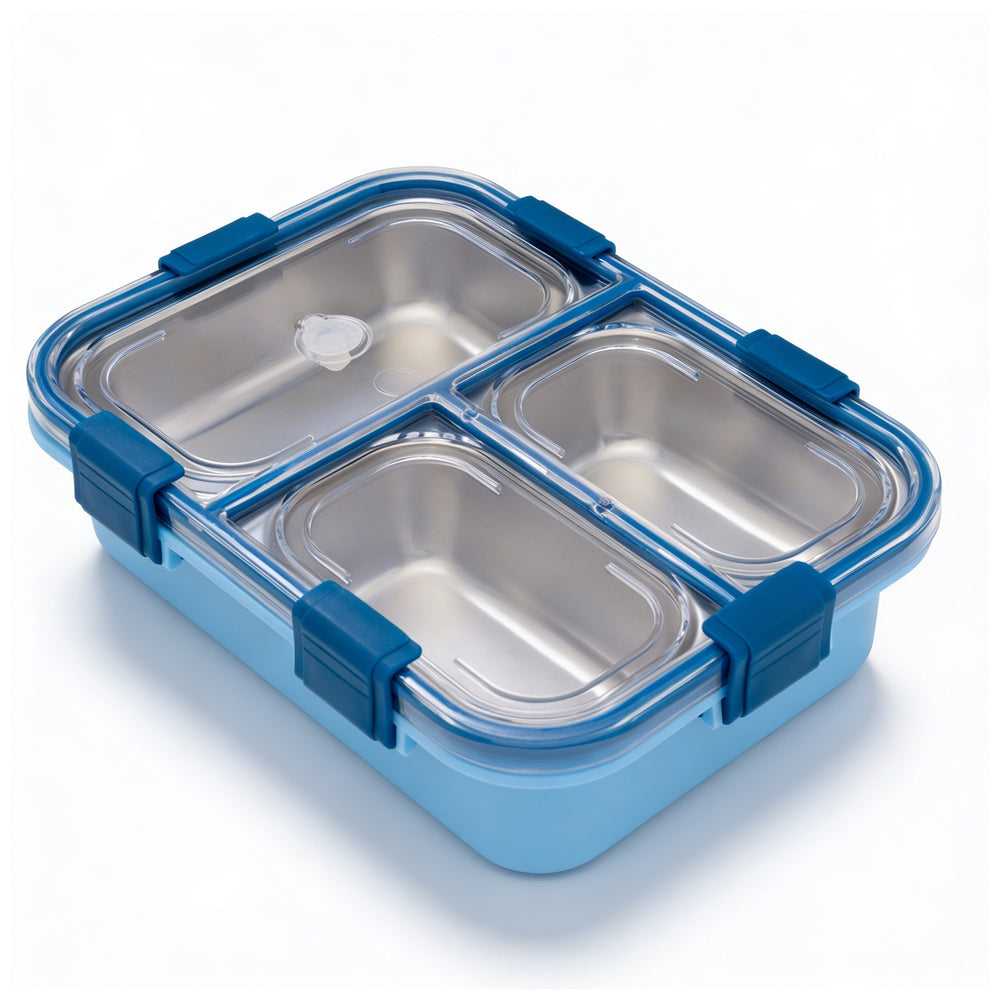 Gobblez Stainless Steel Lunch Box 525ml | Blue | SUS 304 Food Grade Steel | 3 Compartment Leakproof Tiffin Box with Spoon | Airtight Lunchbox for Office, School & Meal Prep