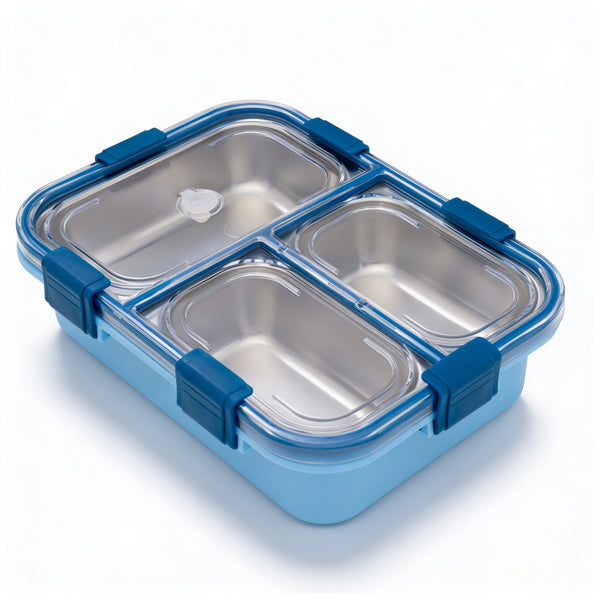 Gobblez Stainless Steel Lunch Box 525ml | Blue | SUS 304 Food Grade Steel | 3 Compartment Leakproof Tiffin Box with Spoon | Airtight Lunchbox for Office, School & Meal Prep
