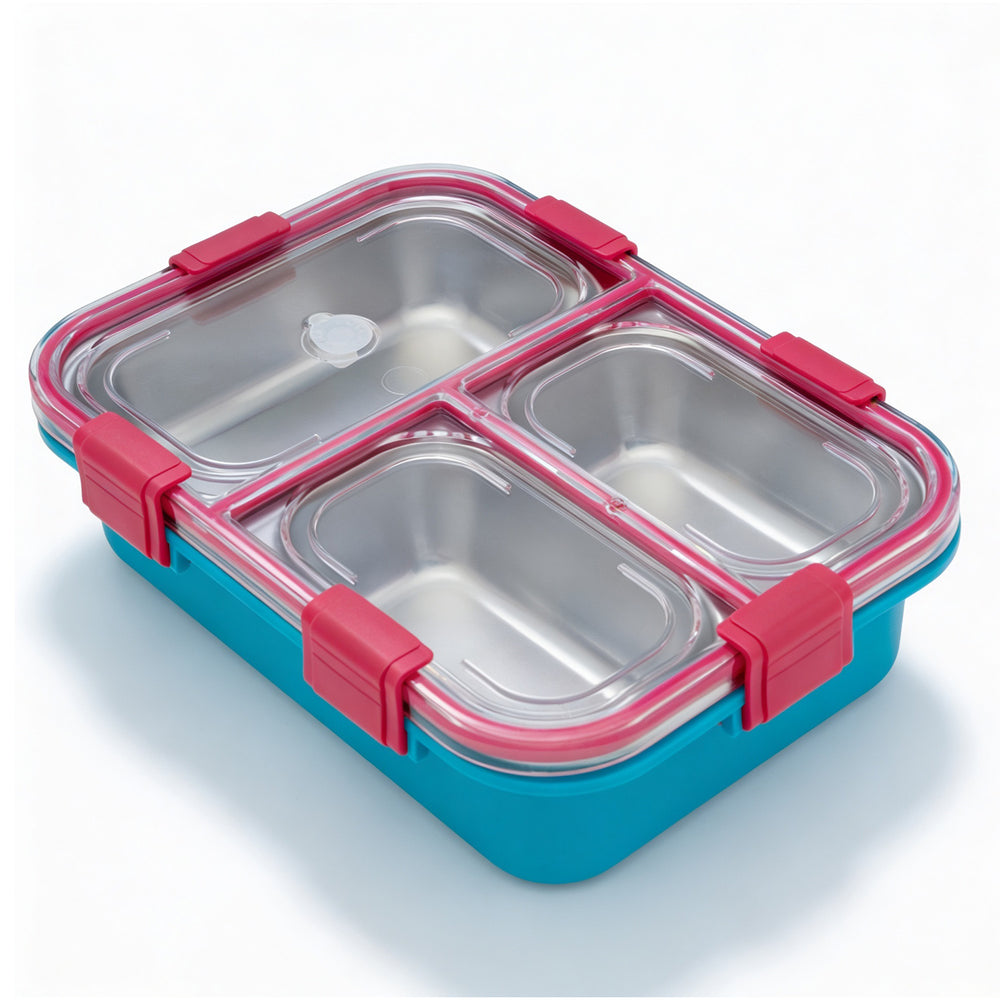 Gobblez Stainless Steel Lunch Box 525ml | Teal | SUS 304 Food Grade Steel | 3 Compartment Leakproof Tiffin Box with Spoon | Airtight Lunchbox for Office, School & Meal Prep