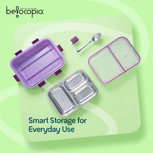 Gobblez Stainless Steel Lunch Box 525ml | Purple | SUS 304 Food Grade Steel | 3 Compartment Leakproof Tiffin Box with Spoon | Airtight Lunchbox for Office, School & Meal Prep