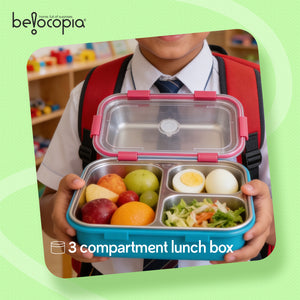 Gobblez Stainless Steel Lunch Box 525ml | Purple | SUS 304 Food Grade Steel | 3 Compartment Leakproof Tiffin Box with Spoon | Airtight Lunchbox for Office, School & Meal Prep
