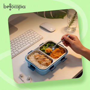 Gobblez Stainless Steel Lunch Box 525ml | Purple | SUS 304 Food Grade Steel | 3 Compartment Leakproof Tiffin Box with Spoon | Airtight Lunchbox for Office, School & Meal Prep