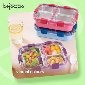 Gobblez Stainless Steel Lunch Box 525ml | Purple | SUS 304 Food Grade Steel | 3 Compartment Leakproof Tiffin Box with Spoon | Airtight Lunchbox for Office, School & Meal Prep