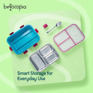 Gobblez Stainless Steel Lunch Box 525ml | Teal | SUS 304 Food Grade Steel | 3 Compartment Leakproof Tiffin Box with Spoon | Airtight Lunchbox for Office, School & Meal Prep