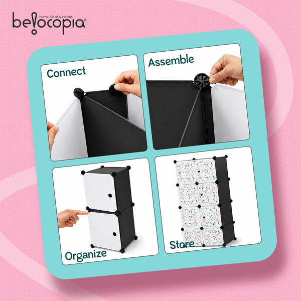 BELOCOPIA EZ STOR Plastic Wardrobe | 6 Cube | Black | Modular Storage Cabinet with Doors | DIY Foldable Clothes Organizer for Bedroom, Kids Room & Home Storage | Dustproof Wardrobe Closet
