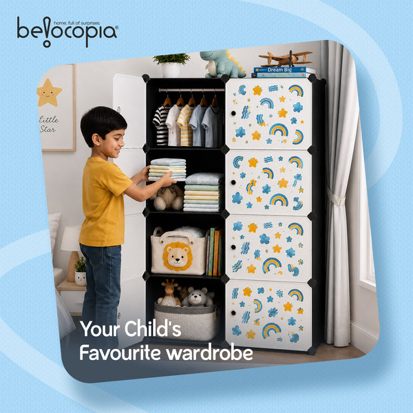 BELOCOPIA EZ STOR Plastic Wardrobe | 8 Cube | Black | Large Modular Storage Cabinet with Doors | DIY Foldable Wardrobe Organizer for Clothes, Toys & Accessories | Space Saving Storage Solution