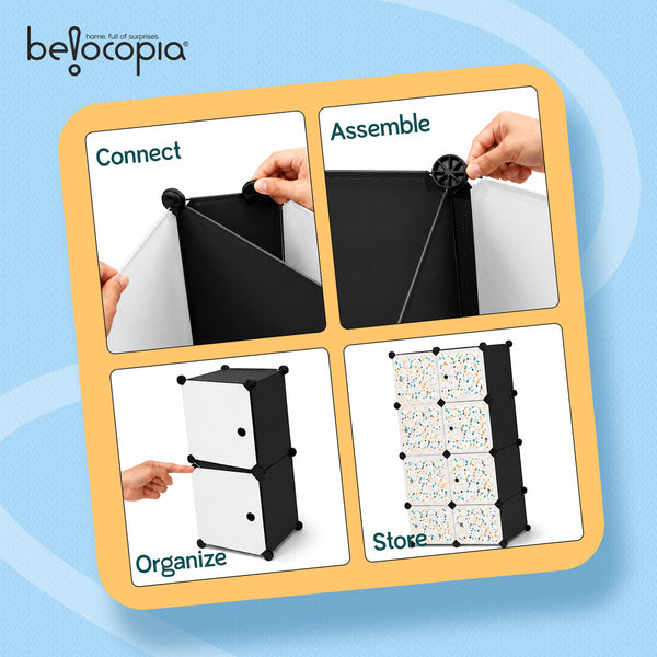 BELOCOPIA EZ STOR Plastic Wardrobe | 8 Cube | Black | Large Modular Storage Cabinet with Doors | DIY Foldable Wardrobe Organizer for Clothes, Toys & Accessories | Space Saving Storage Solution