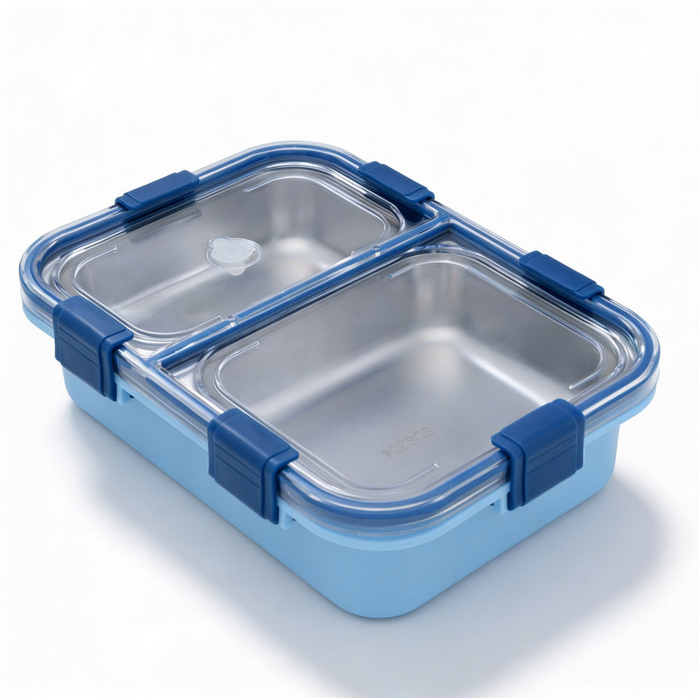 Nibbles Stainless Steel Lunch Box 525ml | Blue | SUS 304 Food Grade Steel | Leakproof, 2 Compartment Tiffin Box with Spoon | Durable Lunchbox for Office, School & Travel