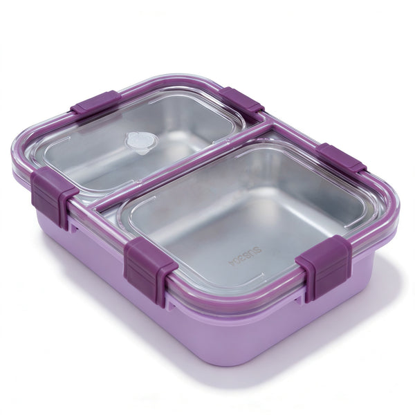 Nibbles Stainless Steel Lunch Box 525ml | Purple | SUS 304 Food Grade Steel | Leakproof, 2 Compartment Tiffin Box with Spoon | Durable Lunchbox for Office, School & Travel