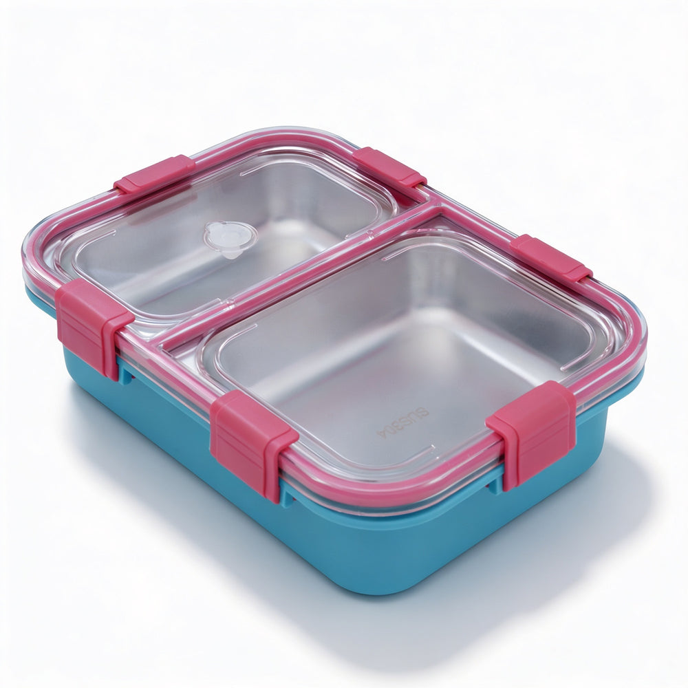 Nibbles Stainless Steel Lunch Box 525ml | Teal | SUS 304 Food Grade Steel | Leakproof, 2 Compartment Tiffin Box with Spoon | Durable Lunchbox for Office, School & Travel