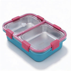 Nibbles Stainless Steel Lunch Box 525ml | Teal | SUS 304 Food Grade Steel | Leakproof, 2 Compartment Tiffin Box with Spoon | Durable Lunchbox for Office, School & Travel