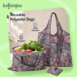 Belocopia Foldable Shopping Bag for Women | Floral Paisley design | Reusable Lightweight Grocery Tote Bag | Portable, Washable Travel Carry Bag | Eco-Friendly | Multipurpose Shoulder Handbag for Daily Shopping & Travel