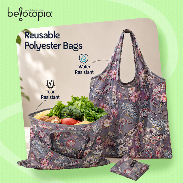 Belocopia Foldable Shopping Bag for Women | Floral Paisley design | Reusable Lightweight Grocery Tote Bag | Portable, Washable Travel Carry Bag | Eco-Friendly | Multipurpose Shoulder Handbag for Daily Shopping & Travel
