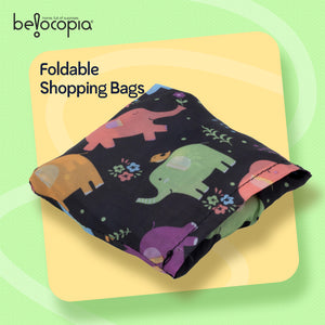 Belocopia Foldable Shopping Bag for Women | Cute Elephant Design | Lightweight & Washable Grocery Tote Bag | Eco-Friendly | Portable, Travel Carry Bag for Daily Shopping, Beach & Travel