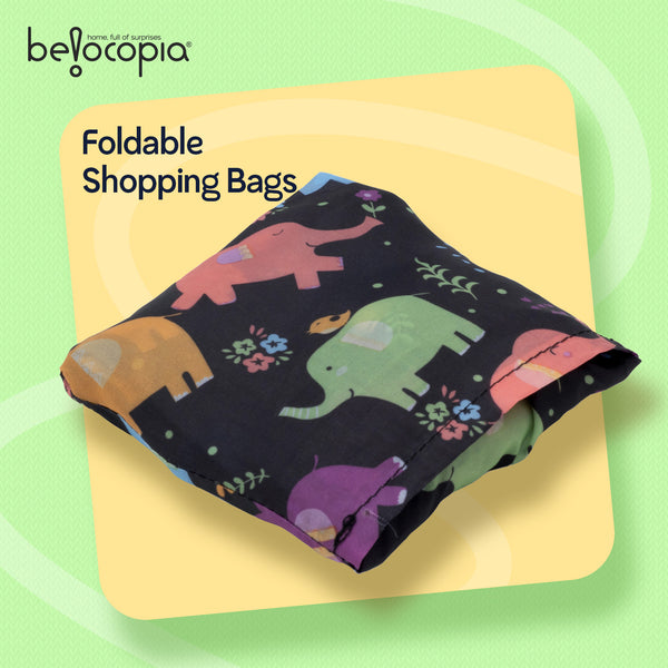 Belocopia Foldable Shopping Bag for Women | Cute Elephant Design | Lightweight & Washable Grocery Tote Bag | Eco-Friendly | Portable, Travel Carry Bag for Daily Shopping, Beach & Travel
