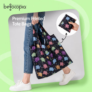 Belocopia Foldable Shopping Bag for Women | Cute Elephant Design | Lightweight & Washable Grocery Tote Bag | Eco-Friendly | Portable, Travel Carry Bag for Daily Shopping, Beach & Travel