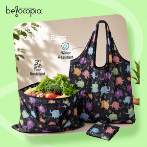 Belocopia Foldable Shopping Bag for Women | Cute Elephant Design | Lightweight & Washable Grocery Tote Bag | Eco-Friendly | Portable, Travel Carry Bag for Daily Shopping, Beach & Travel