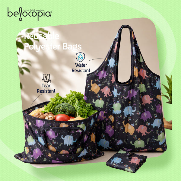 Belocopia Foldable Shopping Bag for Women | Cute Elephant Design | Lightweight & Washable Grocery Tote Bag | Eco-Friendly | Portable, Travel Carry Bag for Daily Shopping, Beach & Travel