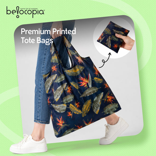 Belocopia Foldable  Shopping Bag for Women |Tropical Design | Reusable Lightweight Grocery Tote Bag | Portable & Washable Travel Carry Bag | Eco-Friendly | Multipurpose Shoulder Handbag for Daily Shopping & Beach