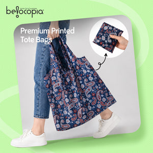 Belocopia Foldable Shopping Bag for Women | small Floral Paisley design | Reusable Lightweight Grocery Tote Bag | Portable, Washable Travel Carry Bag | Eco-Friendly | Multipurpose Shoulder Handbag for Daily Shopping & Travel