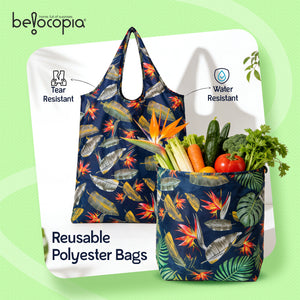 Belocopia Foldable  Shopping Bag for Women |Tropical Design | Reusable Lightweight Grocery Tote Bag | Portable & Washable Travel Carry Bag | Eco-Friendly | Multipurpose Shoulder Handbag for Daily Shopping & Beach
