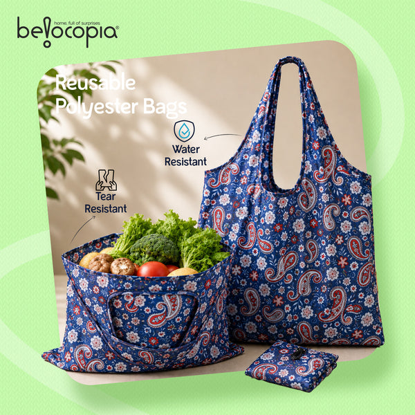Belocopia Foldable Shopping Bag for Women | small Floral Paisley design | Reusable Lightweight Grocery Tote Bag | Portable, Washable Travel Carry Bag | Eco-Friendly | Multipurpose Shoulder Handbag for Daily Shopping & Travel