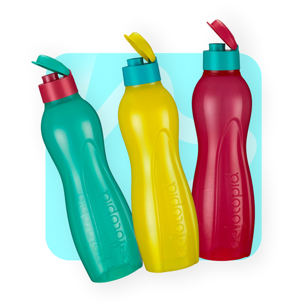 Hiero Water Bottle – 1 Litre | Flip Cap | Set of 3