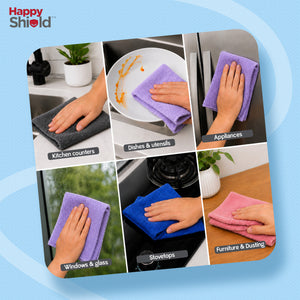 Happy Shield EasyWipe Microfiber Cleaning Cloth | 40 x 40 cm | 300 GSM | Multicolor | Pack of 4