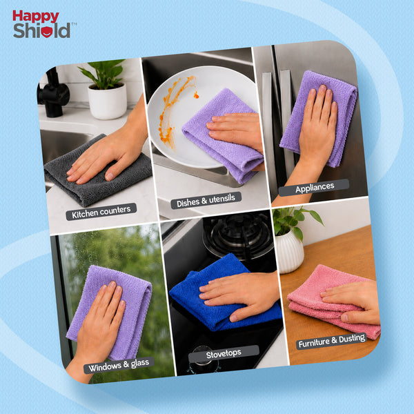 Happy Shield EasyWipe Microfiber Cleaning Cloth | 40 x 40 cm | 300 GSM | Multicolor | Pack of 4