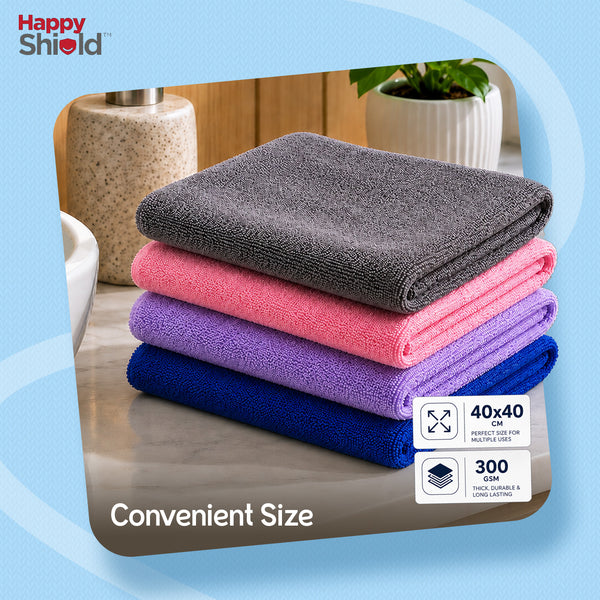 Happy Shield EasyWipe Microfiber Cleaning Cloth | 40 x 40 cm | 300 GSM | Multicolor | Pack of 4