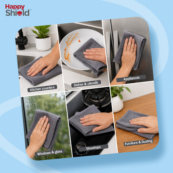 EASYWIPE Microfiber Cleaning Cloth | 40 x 40 cm | 300 GSM Ultra Soft Lint-Free Cleaning Towels for Car, Kitchen, Glass, Home & Electronics | Grey | Pack of 4