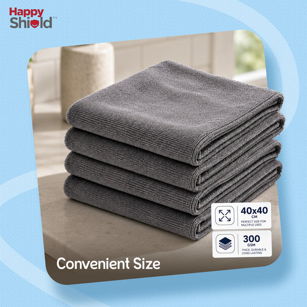 EASYWIPE Microfiber Cleaning Cloth | 40 x 40 cm | 300 GSM Ultra Soft Lint-Free Cleaning Towels for Car, Kitchen, Glass, Home & Electronics | Grey | Pack of 4