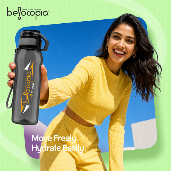 Streax Sports Water Bottle 1 Litre (1000ml) | Black | BPA-Free, Leakproof Gym Bottle | Lightweight with Easy Grip & Carry Loop | Durable Fitness Bottle for Gym, Running, Cycling & Outdoor Use